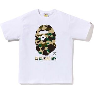 Bape White Tee with Green & Brown Camo Ape Logo